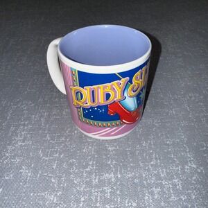 Vintage 1995 MGM Grand Wizard of Oz Ruby Slippers Coffee Mug Pink Blue Striped